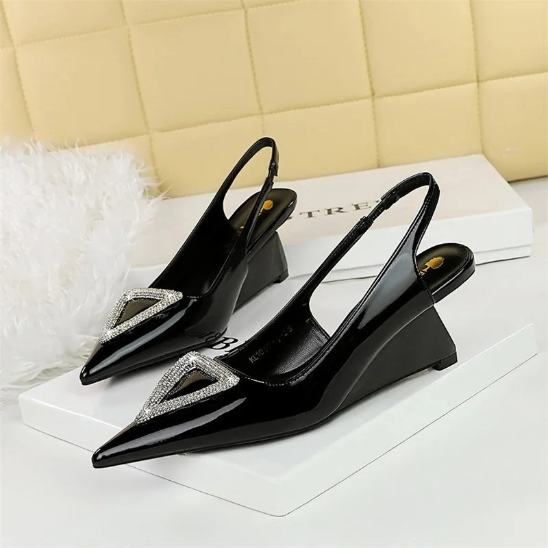 Wedges Women Shoes High Heel Shallow Pointed Toe Hollow Back Straps Patent Leather Triangle Metal Crystal Buckle Pumps Good Vibrations