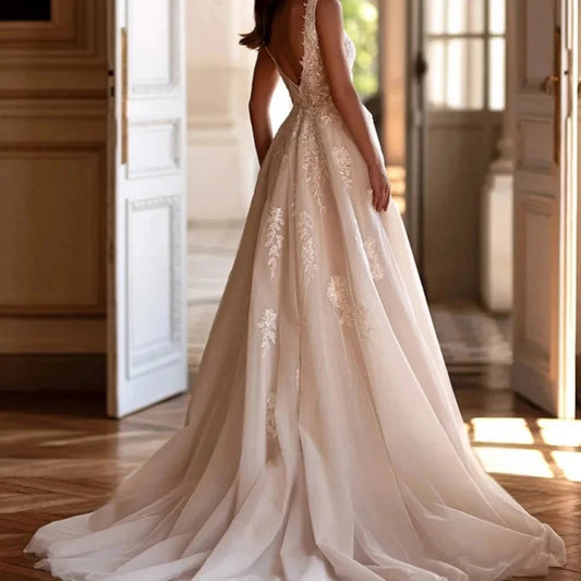 Wedding Dress for Bride Customized V Neck Open Back Sparkling Applique Tulle A Line Split Bridal Gown Sweep Train Good Vibrations