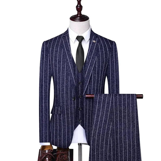 2025 Suit (suit + Vest + Trousers) Single Button Fashion Business Vertical Stripe Gentleman Suit Korean Suit Three-piece Suit Good Vibrations