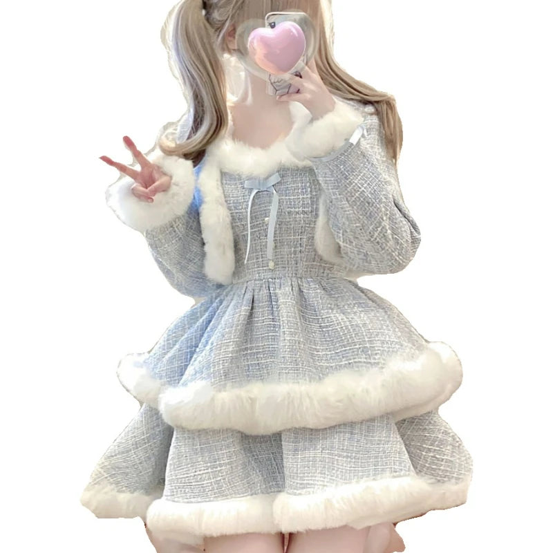 Korean Style Elegant Tweed Plaid Dress Sets Women Plush Patchwork Short Woolen Jackets Sexy Bow Mini Skirt Japanese Fashion Suit Good Vibrations Adult Super Store