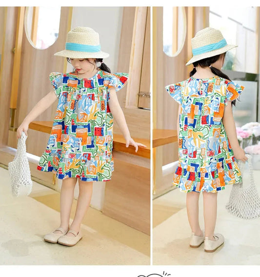 Girl Dresses100% Cotton Children's Clothing Summer Kids Clothes Girls Party Princess Fashion Outfit Flower Pattern Beach Dresses Good Vibrations