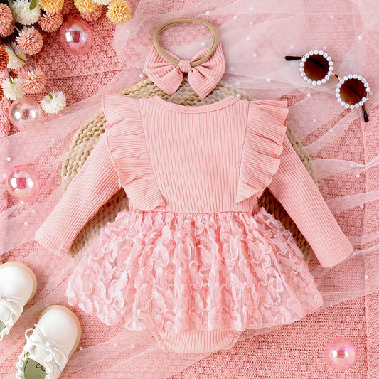 2PCS Autumn 0-1 Year Old Girl Baby Sweet And Cute Round Collar, Pit Strip, Flower Skirt, Long-Sleeved Suit + Bow Hair Band Good Vibrations