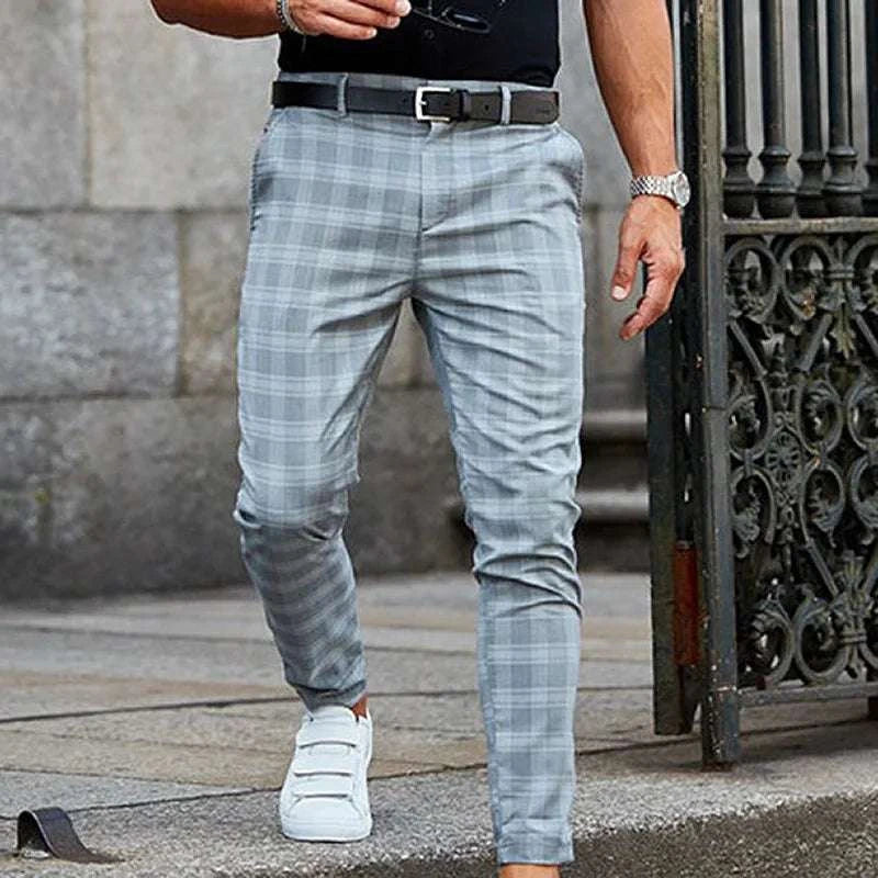 Suit Pant Men Long Pants Plaid Mid Waist Simple Slim Fit Zipper Splice Casual Regular Autumn Winter 2024 Straight Trousers Good Vibrations