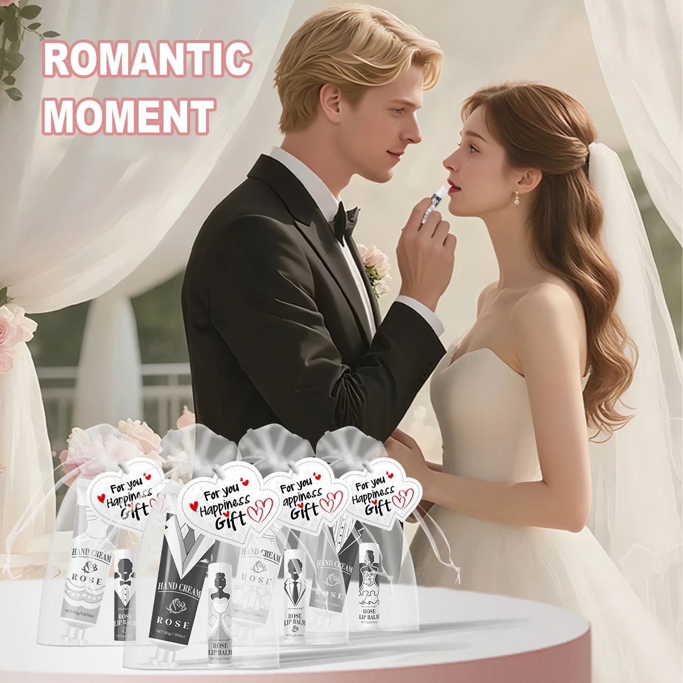 20 sets of wedding dress and suit theme gifts include hand cream, lipstick, white drawstring bag and wedding love greeting card