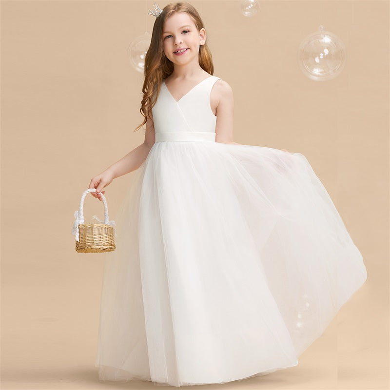 Girl Long White Bridesmaid Dresses For Wedding Prom Gown Big Bow Girls Party Dress Kids First Communiom Formal Evening Vestidos Good Vibrations