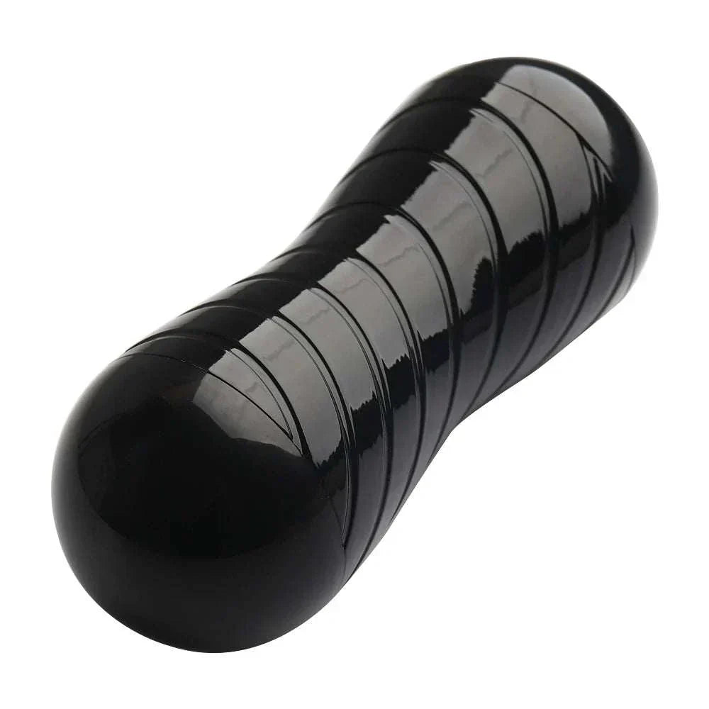 Black silicone male masturbation cup with dual-head design for enhanced pleasure.