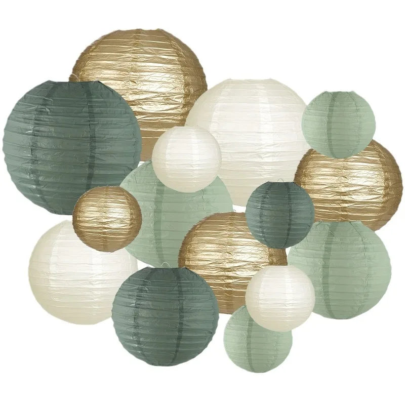 15Pcs/Set Sage Green Paper Lantern Folding Round Lanterns For Baby Shower Birthday Christmas Wedding Rustic Party Decorations Good Vibrations