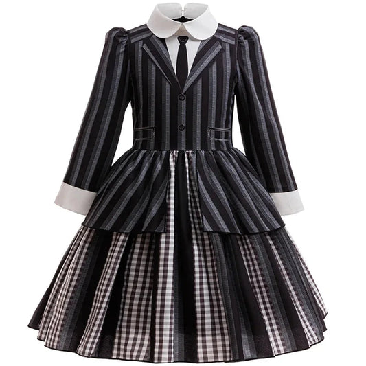 Halloween Gothic Style Costume Dress for Girls Wensday 2 Cosplay Striped School Uniform Party Ball Gown Kids Vestidos Good Vibrations