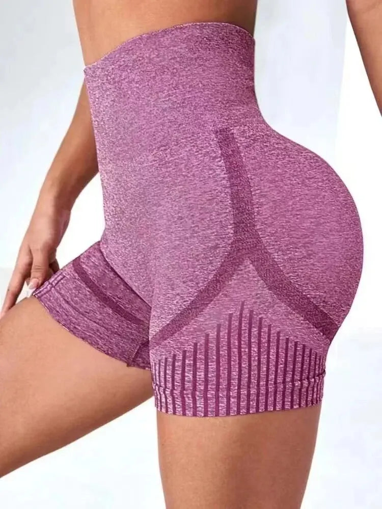 Purple high-waist seamless women yoga shorts with herringbone knit pattern and lift butt design