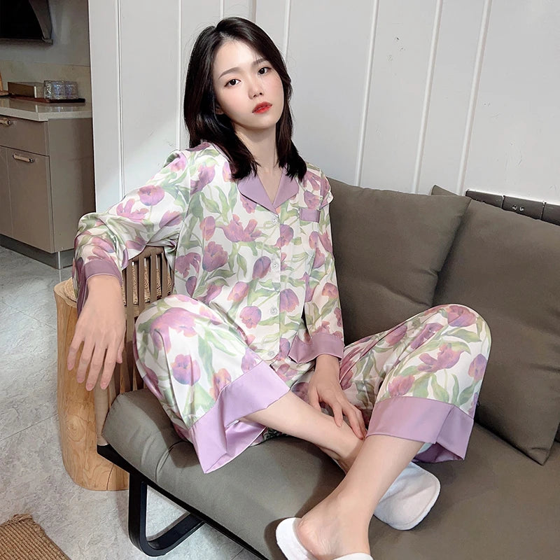 2023 Spring Autumn New Ice Silk 2 Pieces Pajamas for Women Fashion Cardigan Women's Pajamas Sweet Printing Loungewear Women Set Good Vibrations