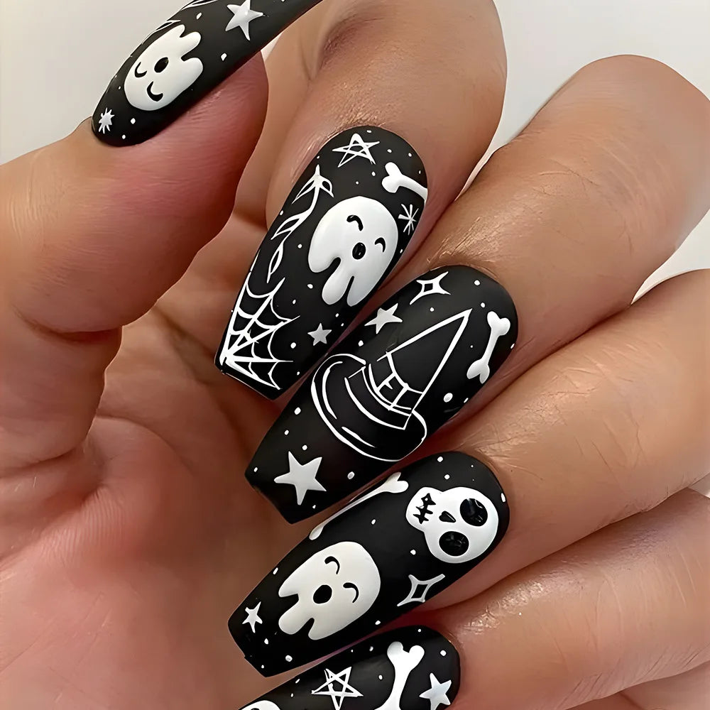 24pcs Halloween Press on Nails with Skull Black Spider Wed Design French Fake Nail Patch Full Cover Wearable False Nail Tips Good Vibrations