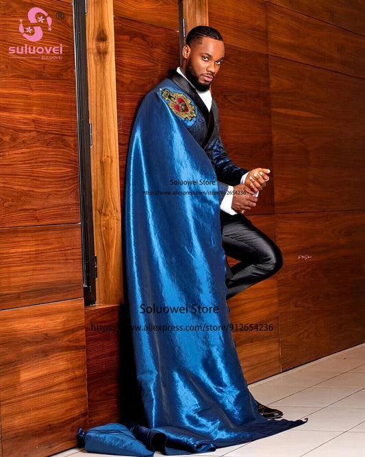 Luxury Shiny Royal Satin Suits For Men Customized 3 Piece Jacket with Long Cape Pants Set Formal Groom Wedding Party Prom Tuxedo Good Vibrations