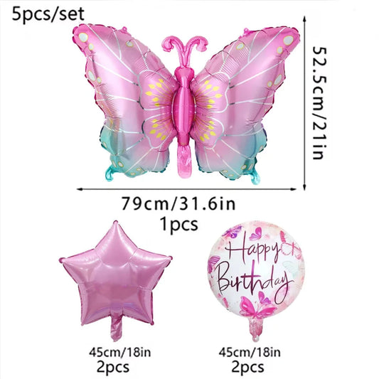 5pcs Colorful Butterfly Happy Birthday Ball Balloon Set Butterfly Theme Birthday Party Wedding Decoration Good Vibrations