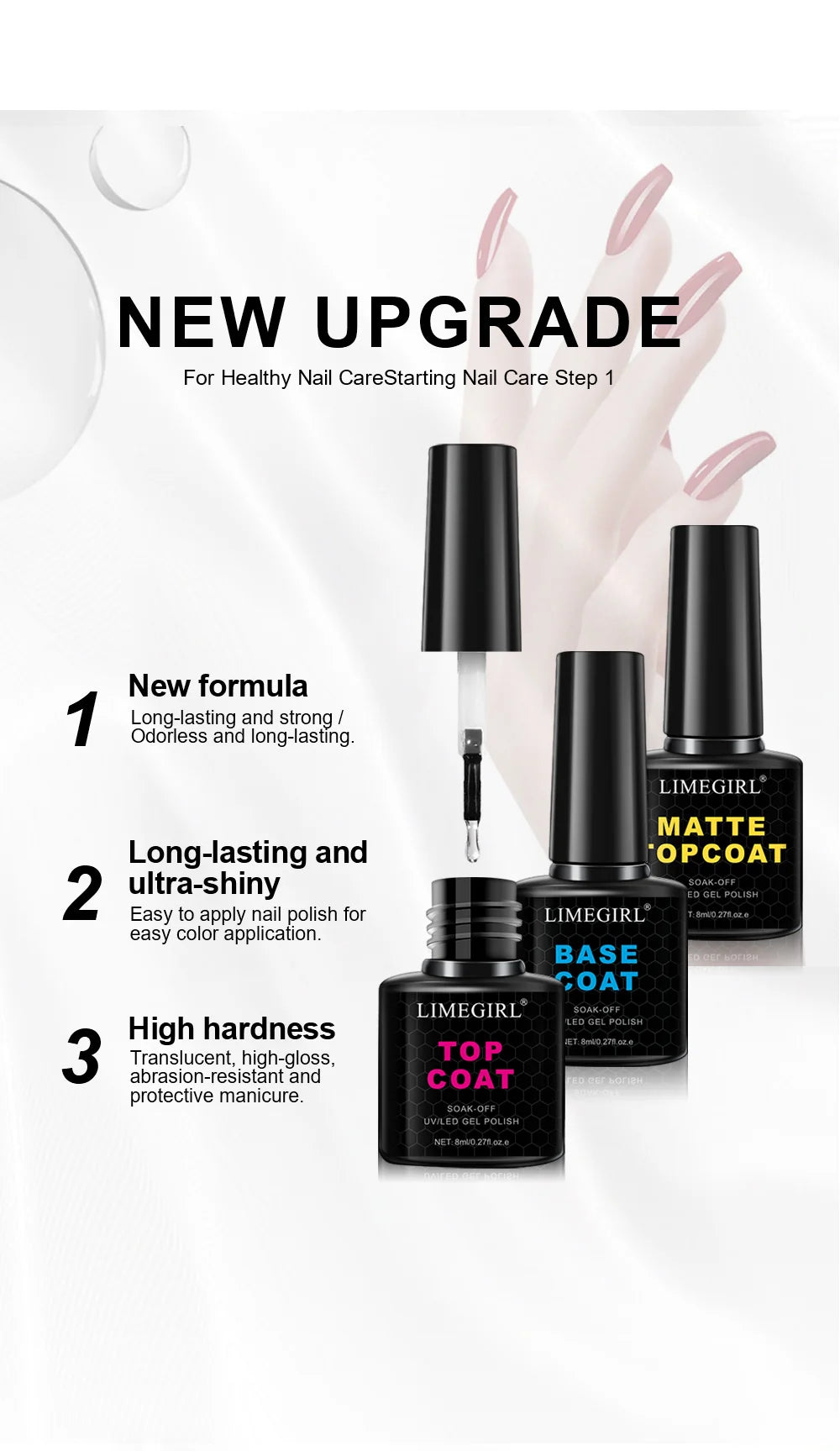 LIMEGIRL 8ml Soak Off Matte Top Base Coat for Nails UV Gel Polish Semi Permanent Functional Manicure Top Base Coat Varnish Good Vibrations