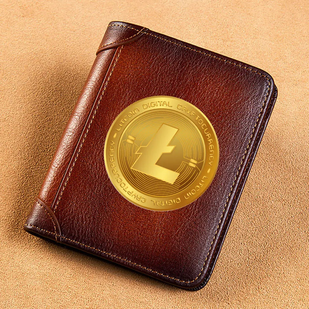 High Quality Genuine Leather Men Wallets Golden Bitcoin Sign Printing Short Card Holder Purse Billfold Men's Wallet BK1003 Good Vibrations