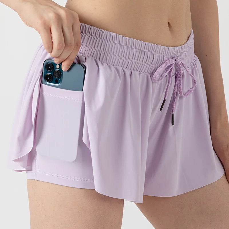 2 in 1 Flowy Sports Shorts Women Running Short Butterfly Tennis Skirt with Pockets Gym Yoga Athletic Biker Spandex Skirts Summer Good Vibrations
