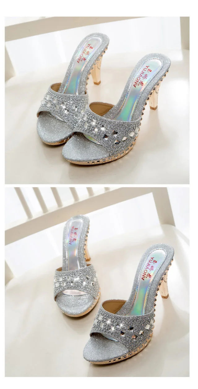 Summer Women Sandals Rhinestone Women Shoes Sexy High Heels Shoe Ladies Sandalias Gold Silver Women Slippers Heeled Sandals Sexy Good Vibrations