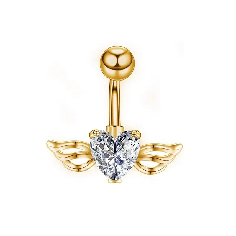 1Pc Gold Color Stainless Steel Belly Ring, Flower Heart Shaped CZ Crystal Navel Belly Button Rings Butterfly Navel Piercings 14G Good Vibrations Adult Super Store
