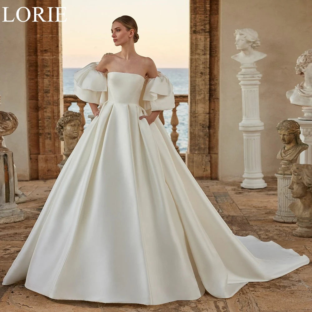 LORIE Elegant Satin Wedding Dresses Strapless Ruffle Sleeves A-Line Pleated Bride Prom Gown 2025 Romantic Bridal Gown Customized
