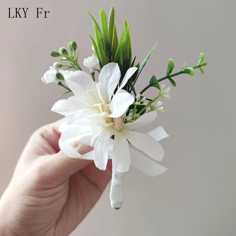 White Boutonniere Wedding Accessories Groom Buttonhole Wrist Corsage Brooch Flowers Artificial Silk Roses Bridesmaids Bracelets Good Vibrations