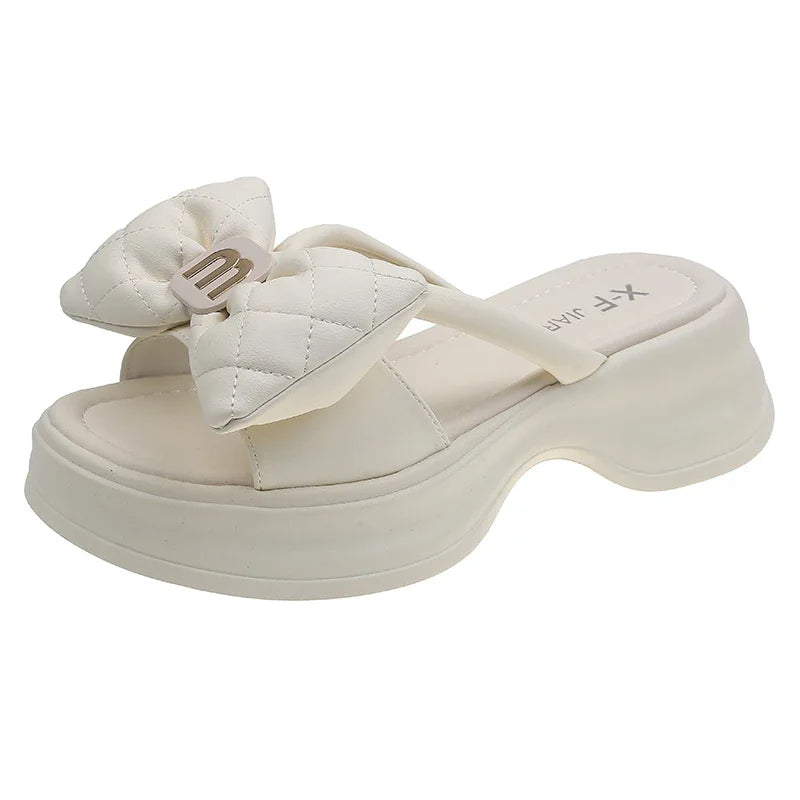 Women's Sandals New Korean Edition Casual Beach Shoes Versatile Thick Sole Shoes Bow Slippers Women's Outwear Summer Good Vibrations
