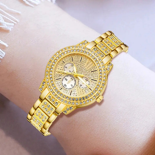 Women's Quartz Watch Gold Luxury Women Ring Necklace Earring Rhinestone Fashion Wristwatch Casual Ladies Watches Jewelry Set Good Vibrations