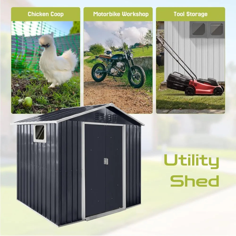 7' x 4.3' Outdoor Storage Shed, Sturdy Metal Building w/Windows & Lockable Doors Large Heavy Duty Tool Sheds,Garden Shed Good Vibrations