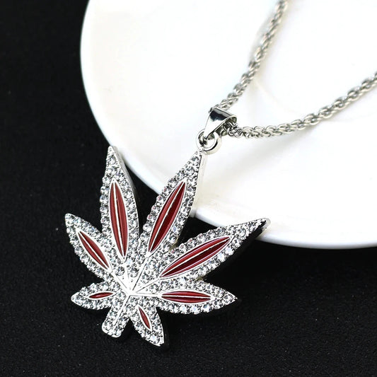 Rhinestone Weed Pendant Necklace Maple Leaf Necklaces Gold Color Chains for Women men Male Steampunk Jewelry Good Vibrations Adult Super Store