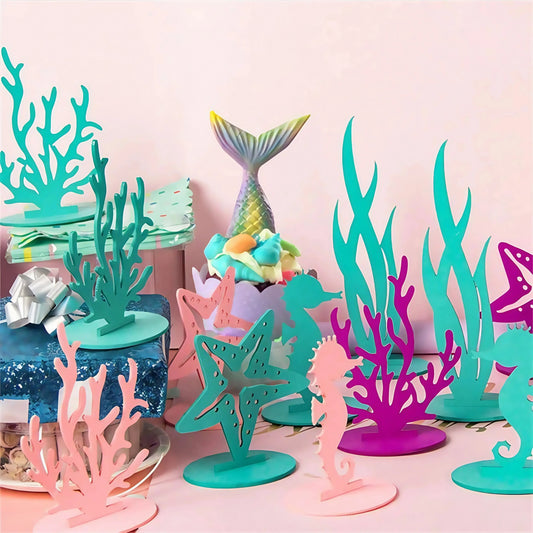 12Pcs Mermaid Felt Table Centerpiece, Mermaid Cake Toppers, Baby Shower Decorations Supplies, Little Mermaid Birthday Decoration Good Vibrations