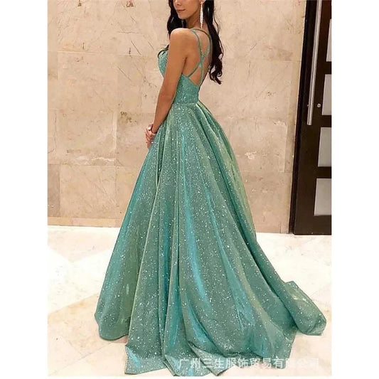 Sexy Strap V Neck Halter Glossy Guest Graduation Celebrity Evening Floor Length Dress Elegant Luxurious Women Corset Party Dress Good Vibrations