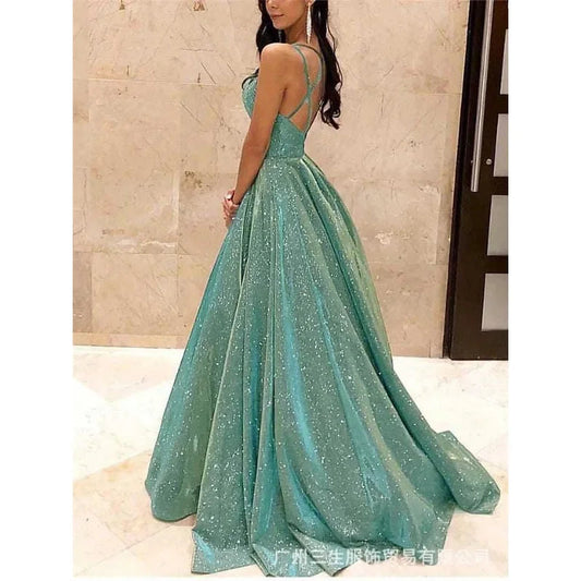 Sexy Strap V Neck Halter Glossy Guest Graduation Celebrity Evening Floor Length Dress Elegant Luxurious Women Corset Party Dress Good Vibrations