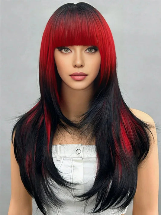 Wigs for women long straight hair heat-resistant synthetic fiber 25 inches black and red abalone head with bangs full wig Good Vibrations