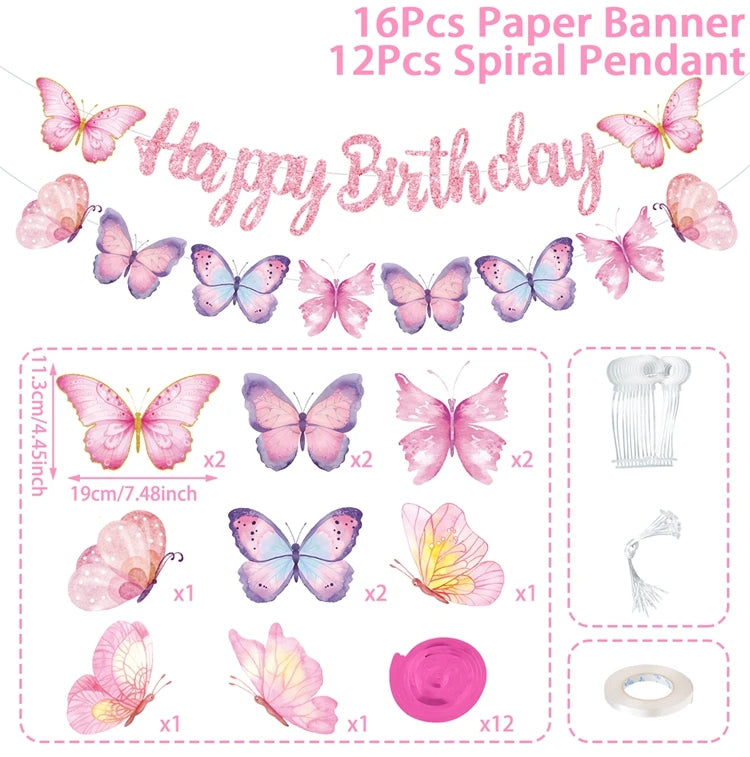 Pink Happy Birthday Banner With Butterfly Dancing Hanging Pendant Garlands  Girls Princess 1st Happy Birthday Party Decorations Good Vibrations