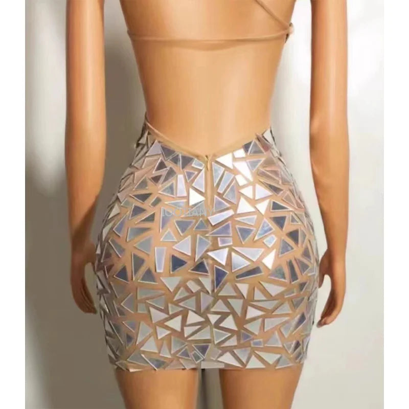 New Sexy Women Party Off Shoulder Evening Dress Silver Mirrors Hollow Out Sequins Hip Wrapped Dresses Jazz Pole Dance Stage Wear Good Vibrations