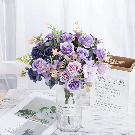 Beautiful autumn roses artificial silk flower bouquet in vase for wedding and home decoration