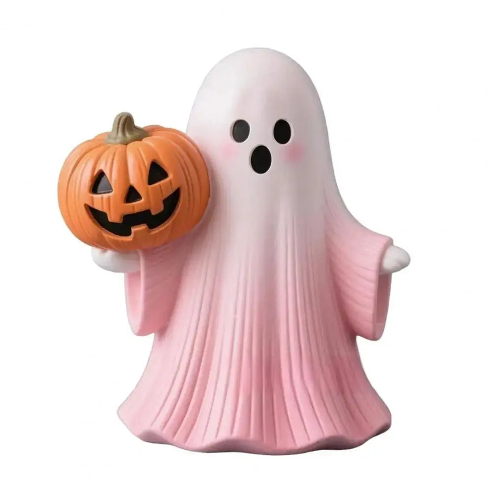 Handheld Pumpkin Decoration Halloween Ghost Ornament Pink Halloween Ghost Figurine Set with Pumpkin Decoration Resin for Home Good Vibrations