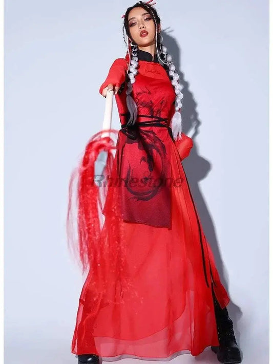 Jazz Costume Chinese Style Red Fashion, ideal for business shows and group singing.