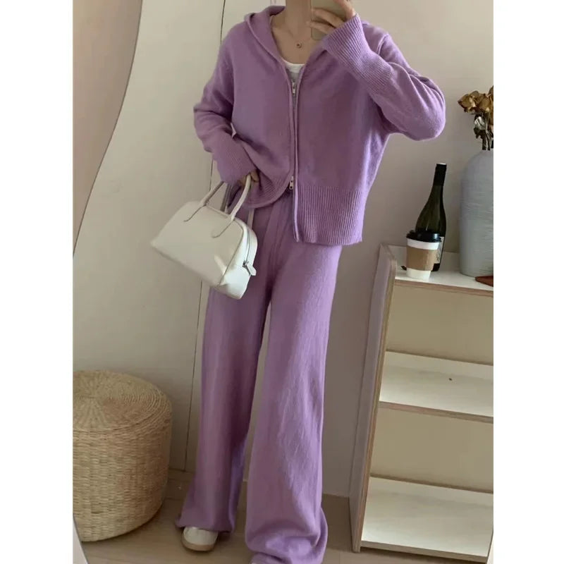Women Casual Knitted Pants Home Suit Autumn Fashion Zip Up Sweater Hoodie Wide Leg Trousers 2 Piece Set Tracksuit Winter Outfits Good Vibrations