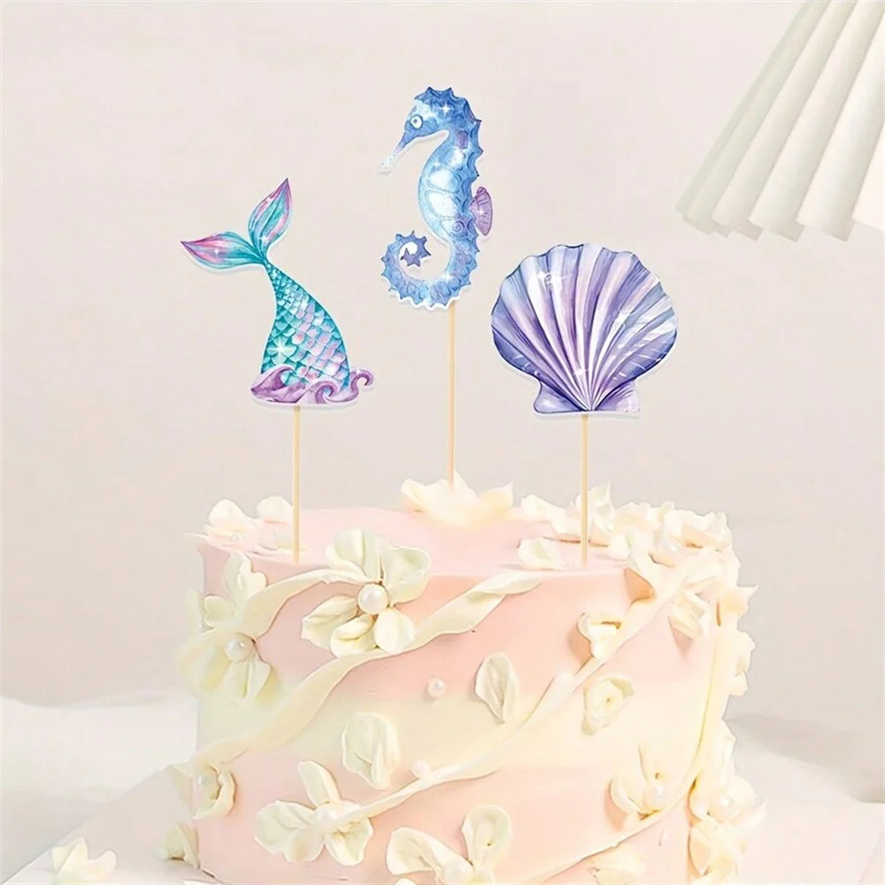 6/12/24pcs Mermaid Cake Toppers,Birthday Party Decoration,Reusable Mermaid Tail Happy Birthday Dessert Cake Topper,Cake Supplies Good Vibrations