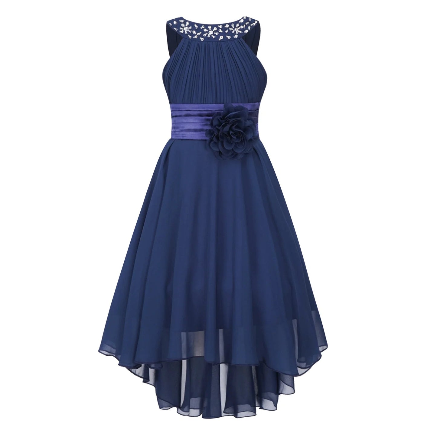 Kids Wedding Flower Girls Party Dress Sleeveless Ruched Shiny Beaded Hi-low Hem Elegant Chiffon Dress for Birthday Evening Prom Good Vibrations