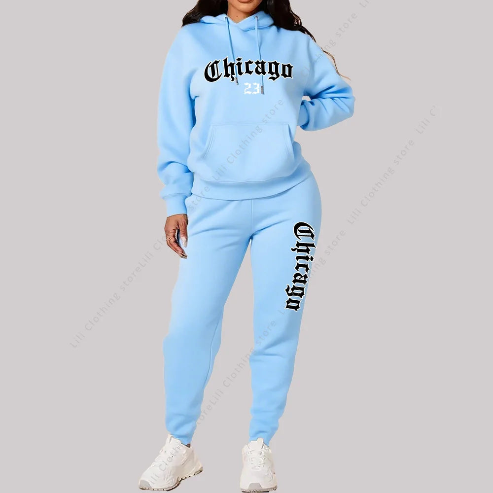 Women's Sets Hoodies Pants 2 Piece Outfits Aesthetic Sportswear Sweatsuit Chicago Graphic Letter Print Plus Size Pink Tracksuit Good Vibrations