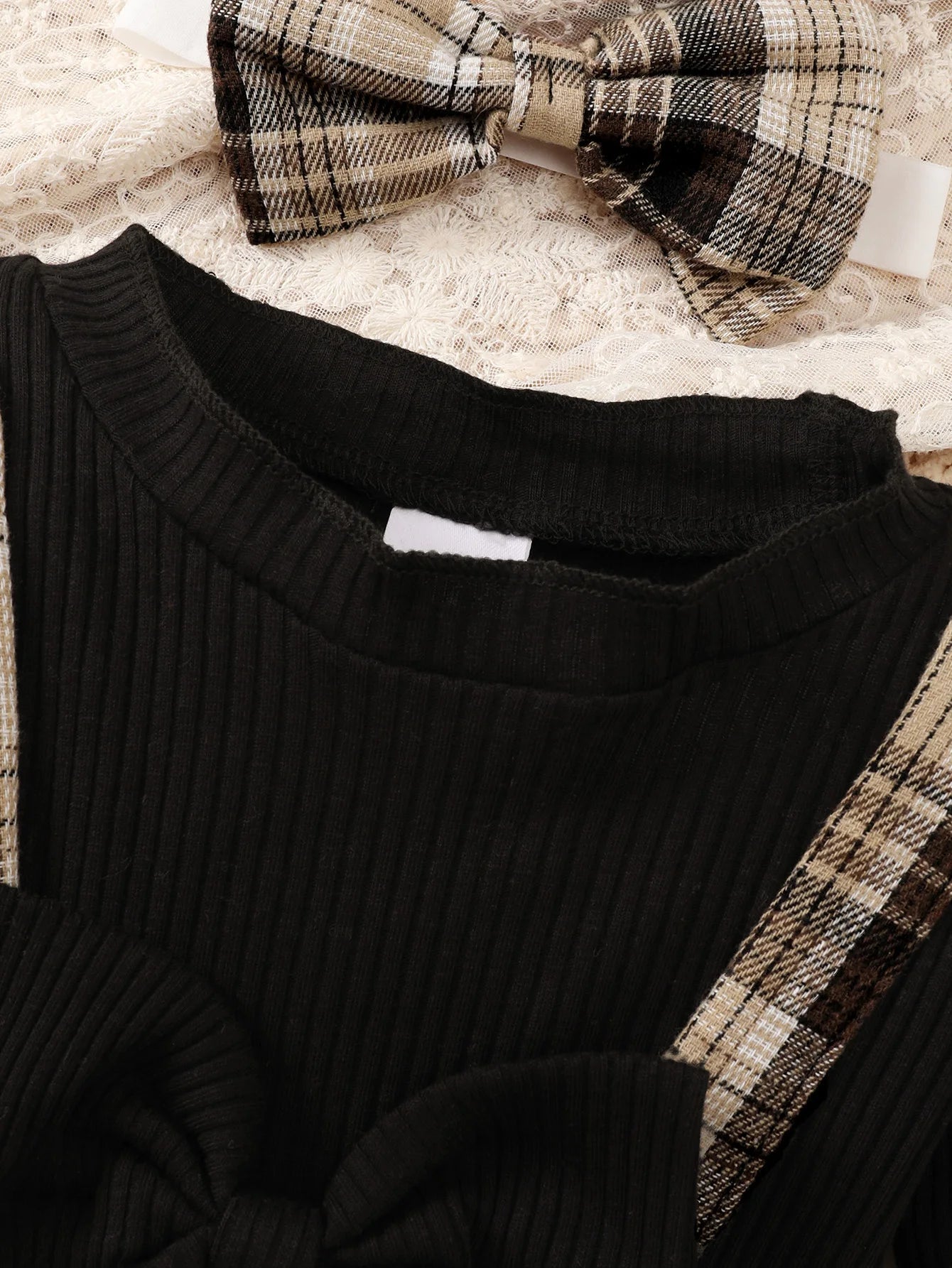 New Baby Girl Spring And Autumn Black Checkered Fake Two-piece Big Bow Headband Dress For Daily Outdoor Wear Good Vibrations