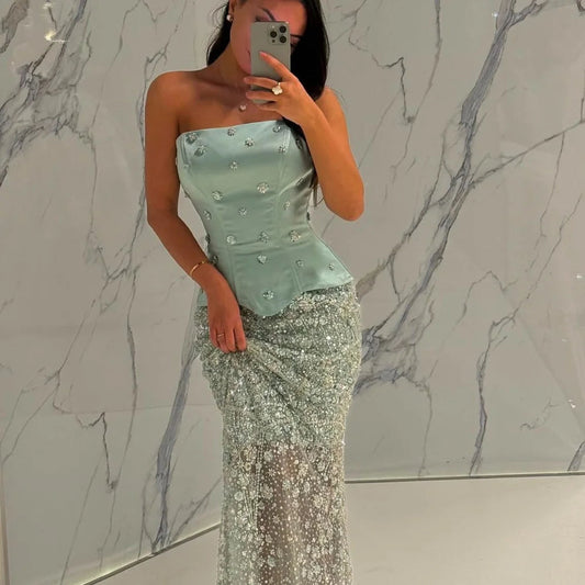 Bella Customize Green Beaded Mermaid robes de soirée Strapless Sleeveless Prom Dresses Floor-Length Pearls Wedding Dress 2025 Good Vibrations