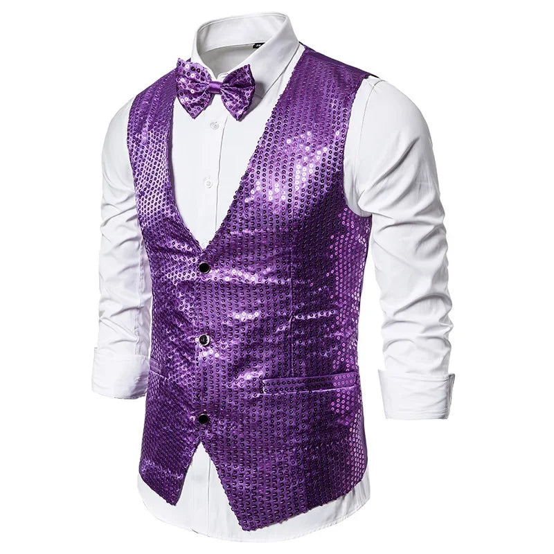Gold Men's Sequin Vest Jacket, Single-breasted V-neck Sleeveless Vests Coat, Wedding Party Waistcoat Silver Blue Purple Red Tops