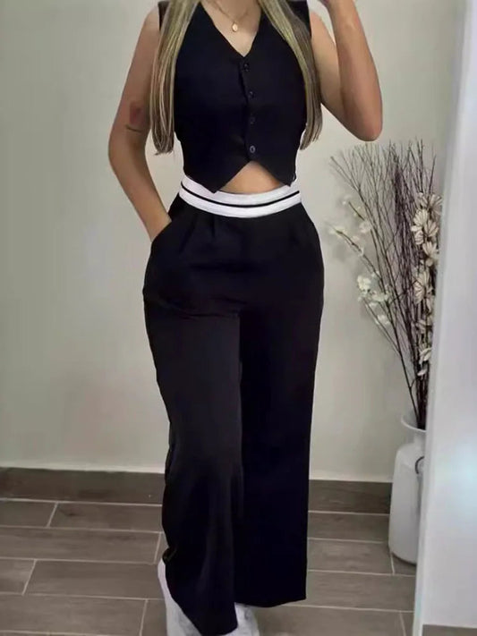 Women's Sexy Black 2 Piece Sets Fashion Hot Girls Wear Contrasting Color V-neck Waistcoat Wide-leg Trousers Casual Suits Women Good Vibrations