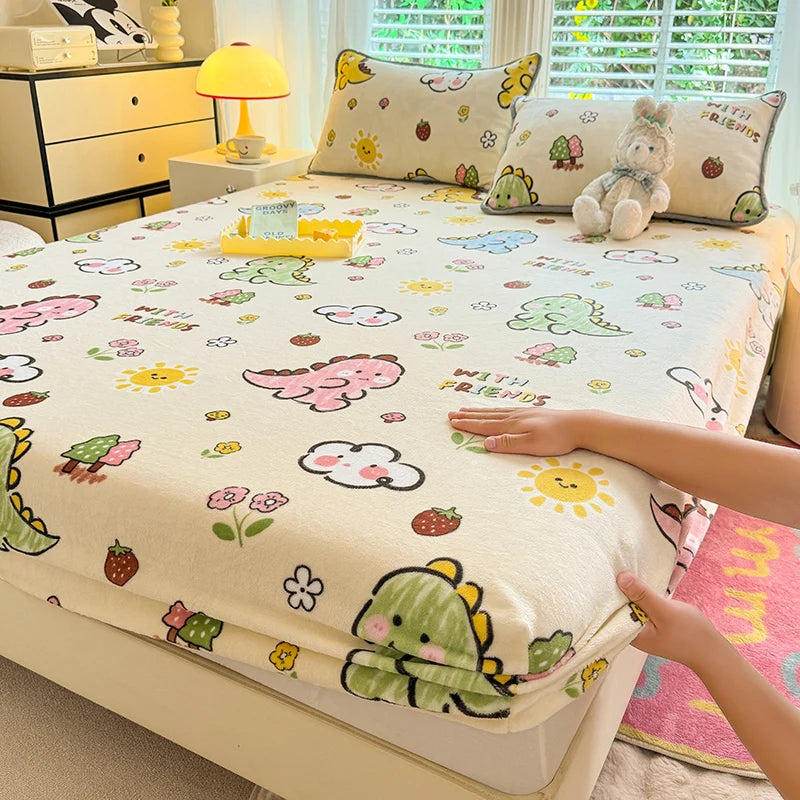 Queen Double Size Bed Sheet Polyester Elastic Fitted Sheet Velvet Soft Flannel Warm Mattress Cover King Full Twin Size Winter Good Vibrations