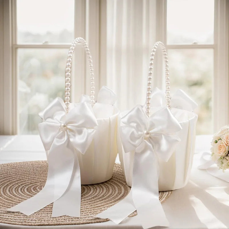 Flower Girl Basket Ring Bearer Pillow Set White Romantic Satin Bow Pearls Ring Pillow For Bride/Kid Wedding Ceremony Party Decor Good Vibrations