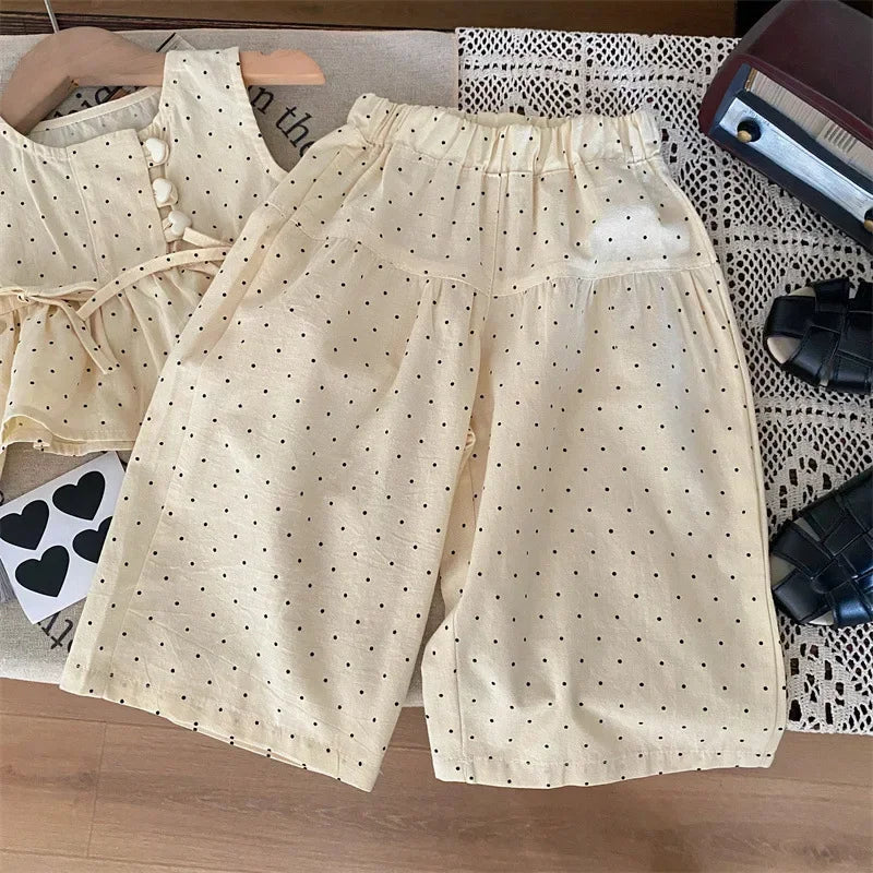 Bear Leader 2024 Summer New Girls' Clothing Polka Dot Love Single Breasted Top+ Pants 2P Set Girls' Clothing Children's Cute Set Good Vibrations