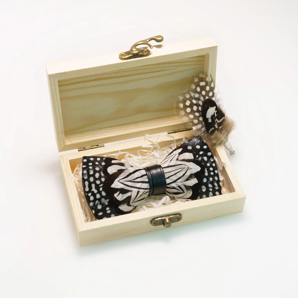 Wedding Bow Tie for Men handmade feather bow tie black white Pre-tied bowtie brooch wooden box Set for Party birthday Gift Good Vibrations