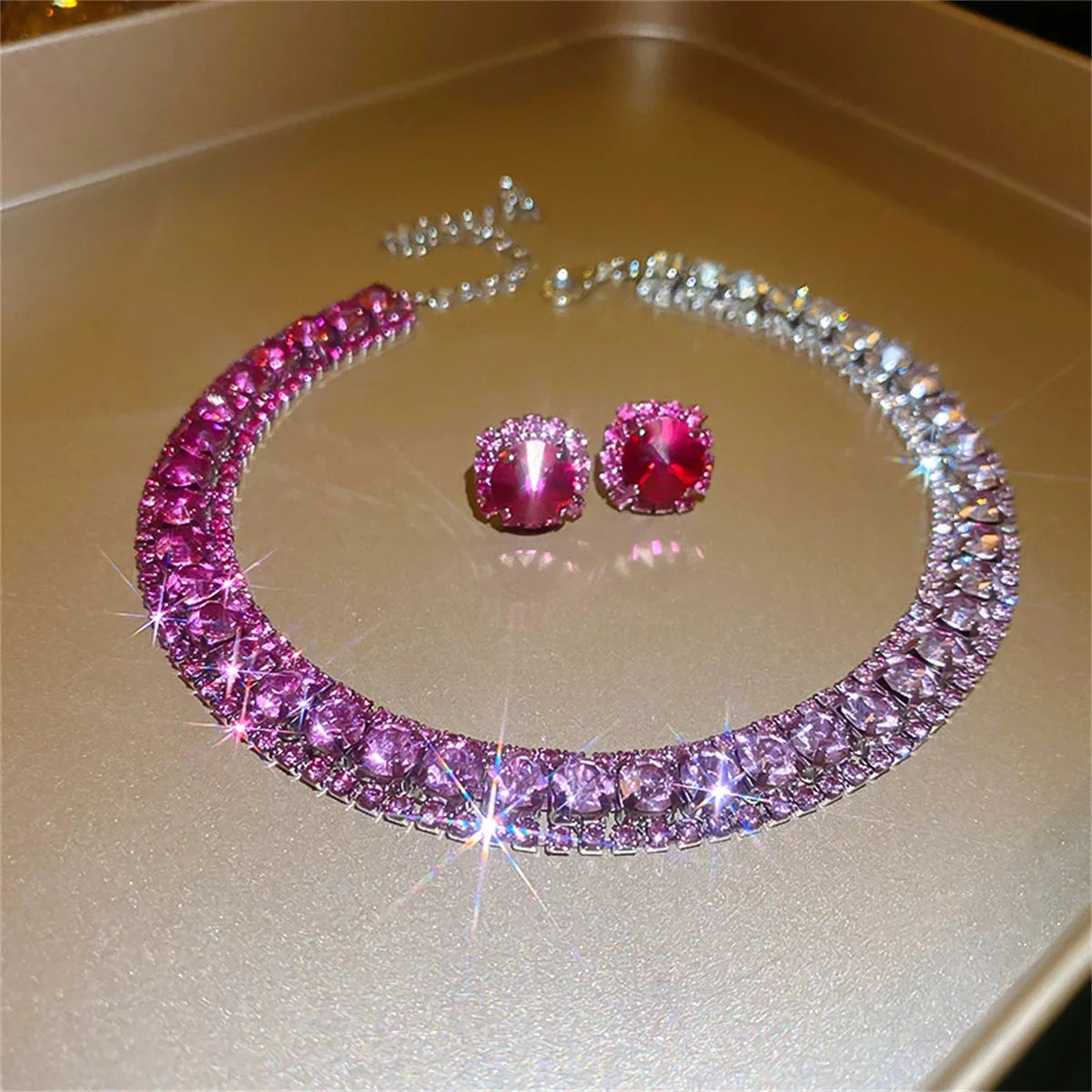 Luxury Crystal Necklace Earrings Set Pink ABcolourful Necklace for Women Weddings Party Jewelry Sets Accessories Good Vibrations Adult Super Store